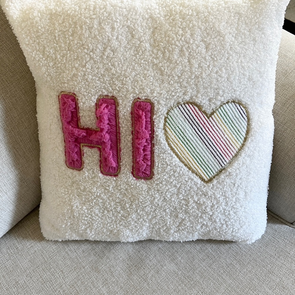 Hi Embroidered Sherpa Throw Pillow - White with Pink and Pastel Heart